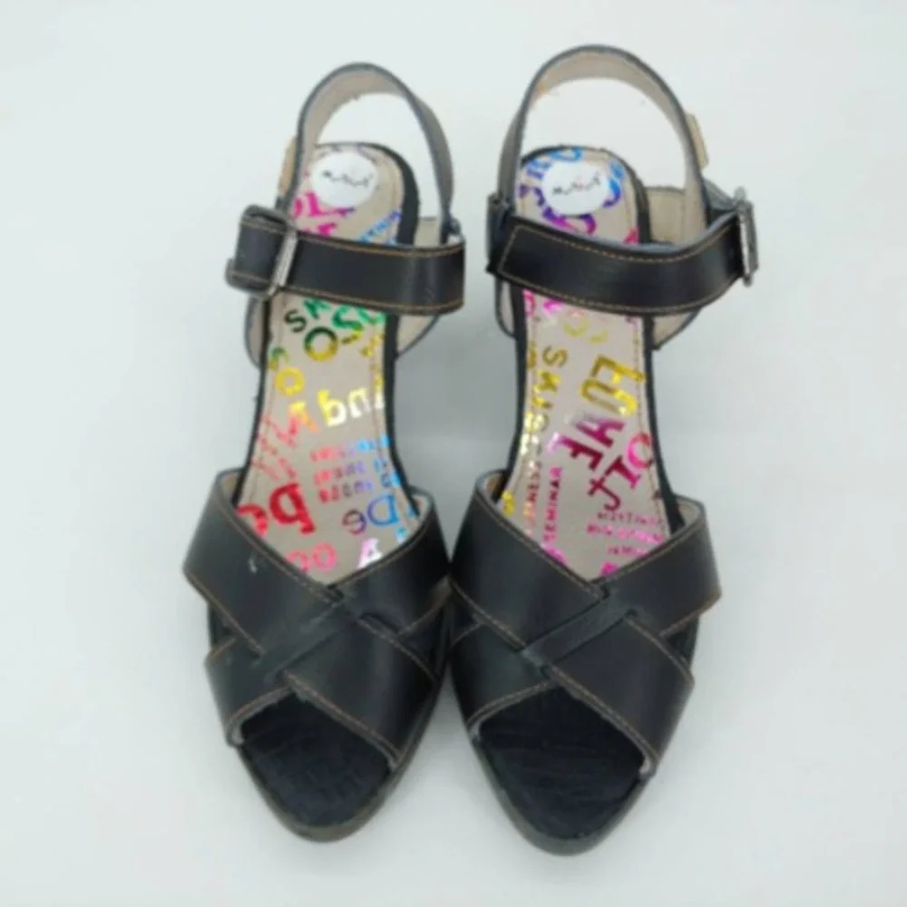 Maia‎ Shoes Womens Ankle Strap Sandals Black Block Heels Peep Toe Buckle 38